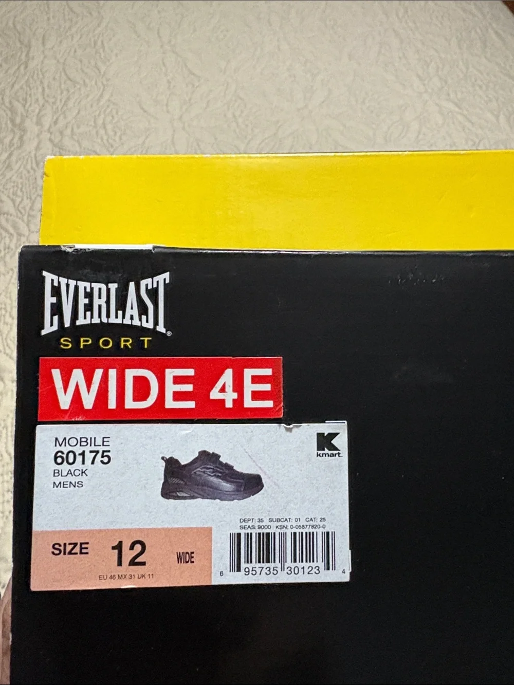 NWT leather wide Sz 12EEEE Everlast men’s black velcro-closure sport shoes. Box.